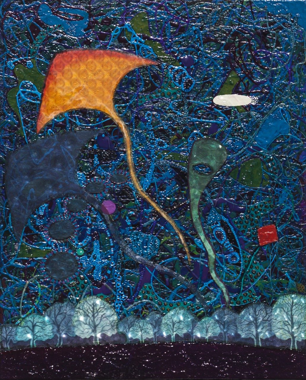 Night kites shown on a living room wall