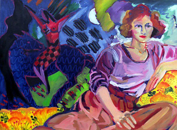 Red lady shown on a living room wall